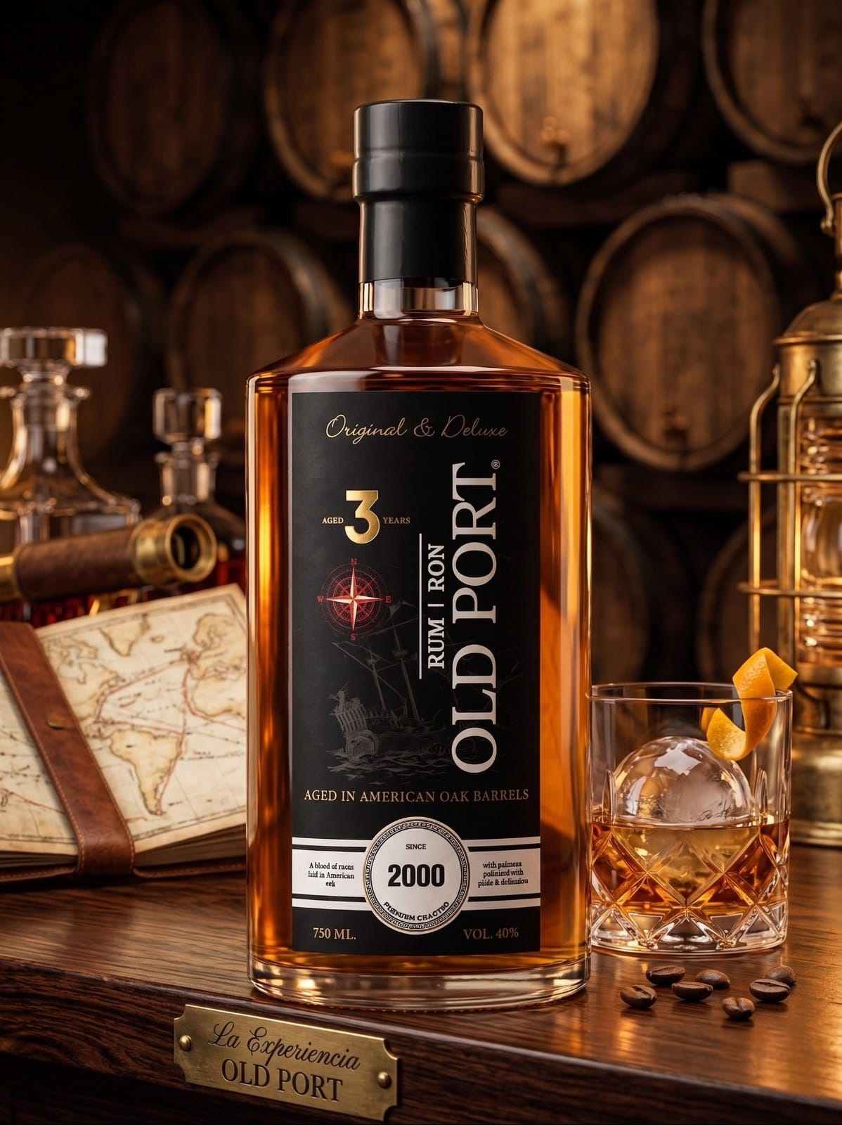 Botella Ron Old Port Rum premium añejo en barriles de roble americano — ron old port, old port ron, oldport rum